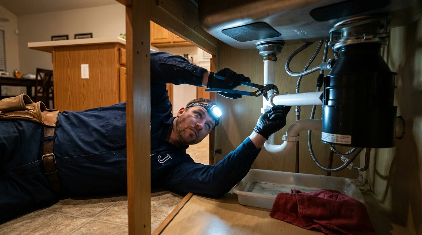 P-trap and supply line connections under a kitchen sink showing a common leak point in Manchester, PA